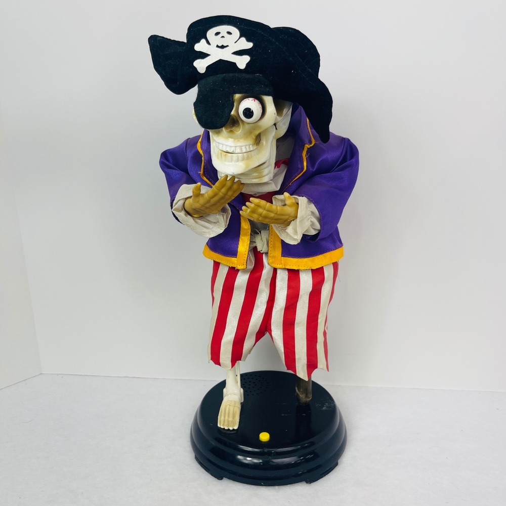 Animated Pirate Skeleton Halloween Prop Purple Jacket Striped Pants 12in Decor